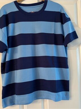 NEW in Package Isaac Mizrahi Navy Lt Blue Rugby Stripe Short Sleeve Cotton Tee